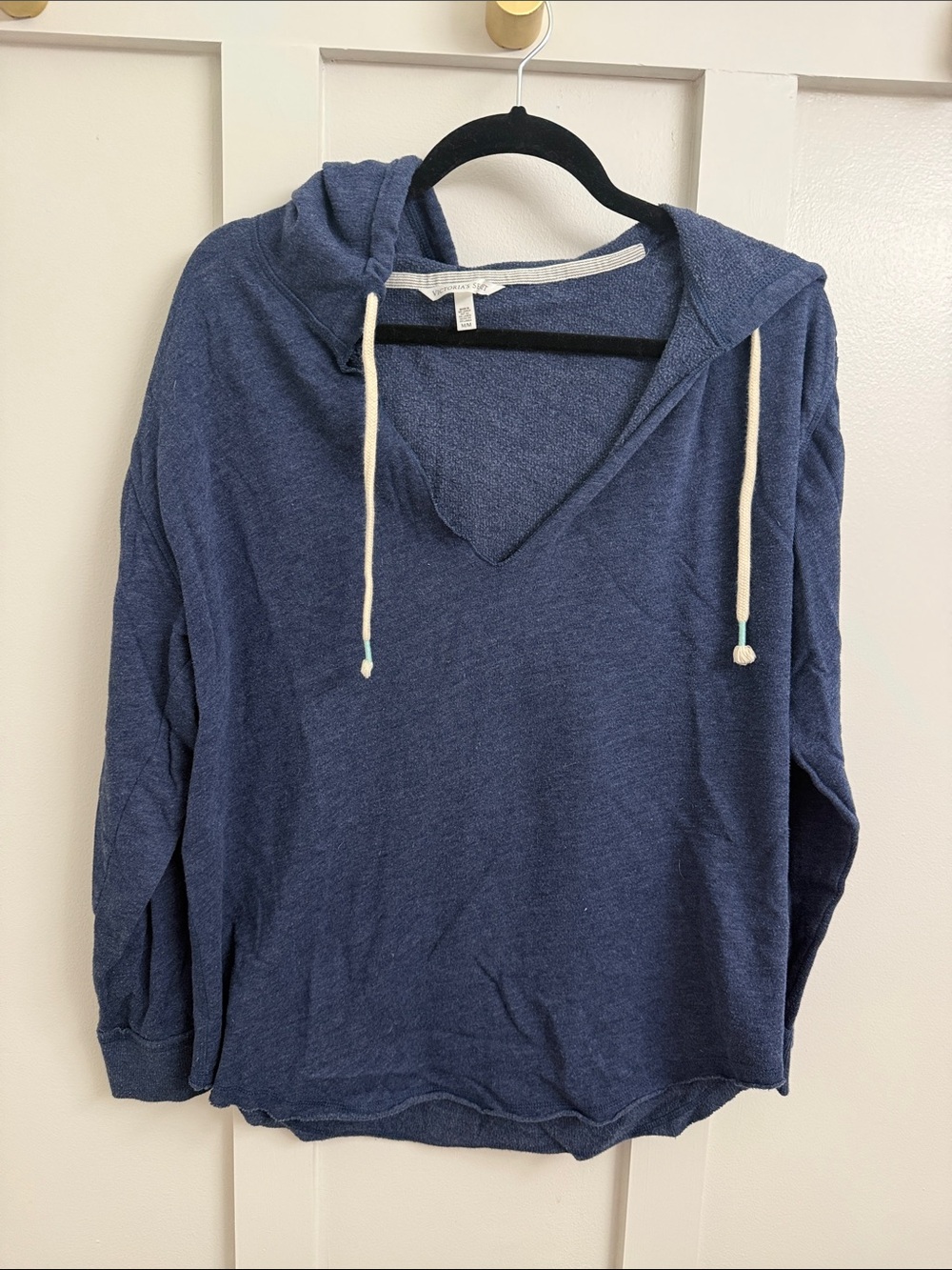 Vintage Victoria's Secret Blue Knit Hooded Pullover with Cream Drawstrings